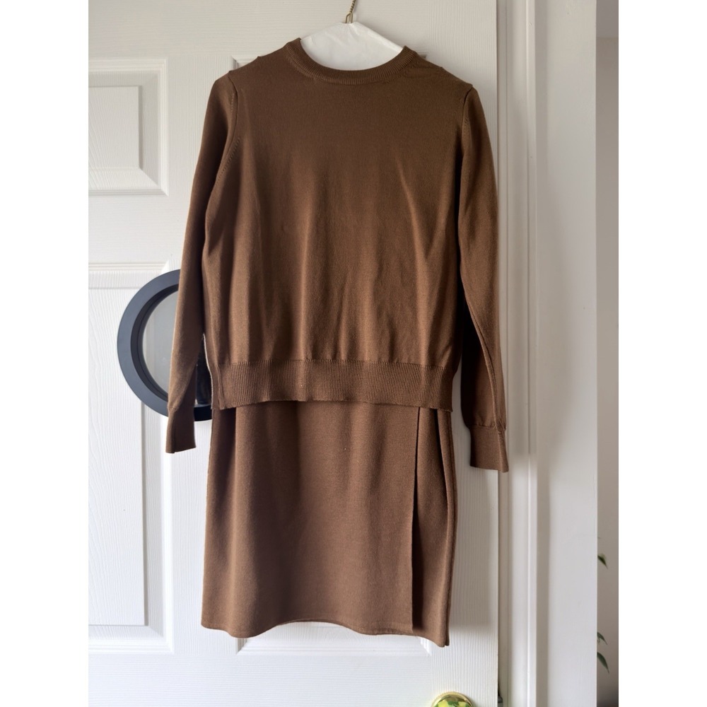 Anne Klein II 100% Wool Brown Sweater Skirt Set Petite S 2 Piece Outfit